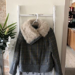 J Crew Fur collared plaid jacket in Small